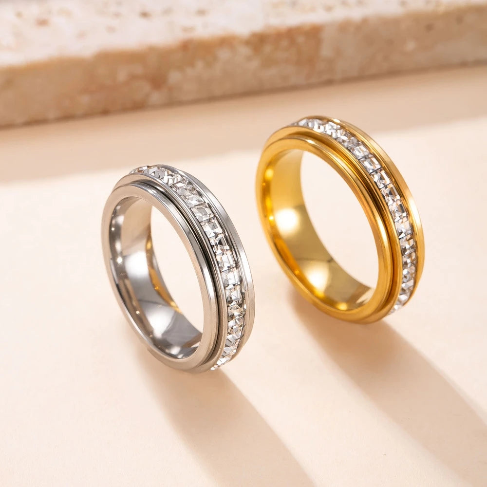 Women's Anxiety Ring Titanium Steel Spinner Fidget Ring with Cubic Zirconia for Anxiety Relief, Wedding Promise Lucky Ring, Titanium Steel Spinner, Cubic Zirconia Eternity Band for Women and Men, Fidget Ring, Size 5-10 Rotata