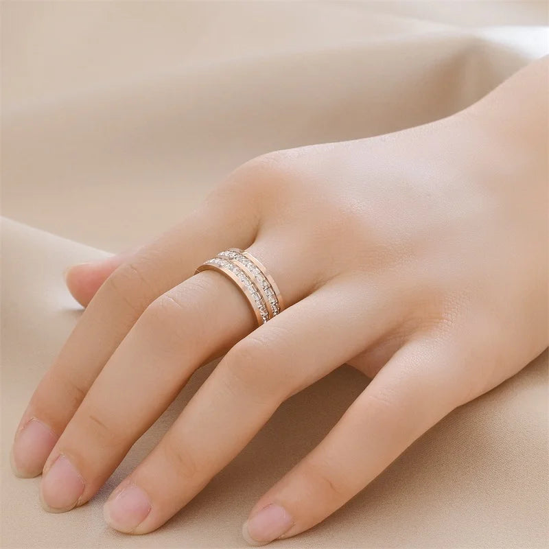 Titanium Steel Zircon Ring for 18K Gold Plated Double/Single Row Crystal Ring Waterproof Tarnish Free Wedding Couple Jewelry
