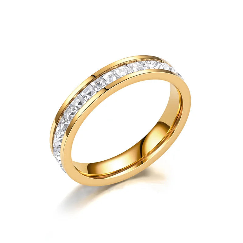 Titanium Steel Zircon Ring for 18K Gold Plated Double/Single Row Crystal Ring Waterproof Tarnish Free Wedding Couple Jewelry