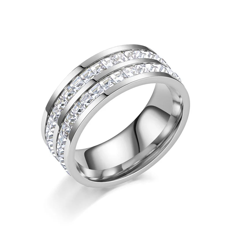 Titanium Steel Zircon Ring for 18K Gold Plated Double/Single Row Crystal Ring Waterproof Tarnish Free Wedding Couple Jewelry