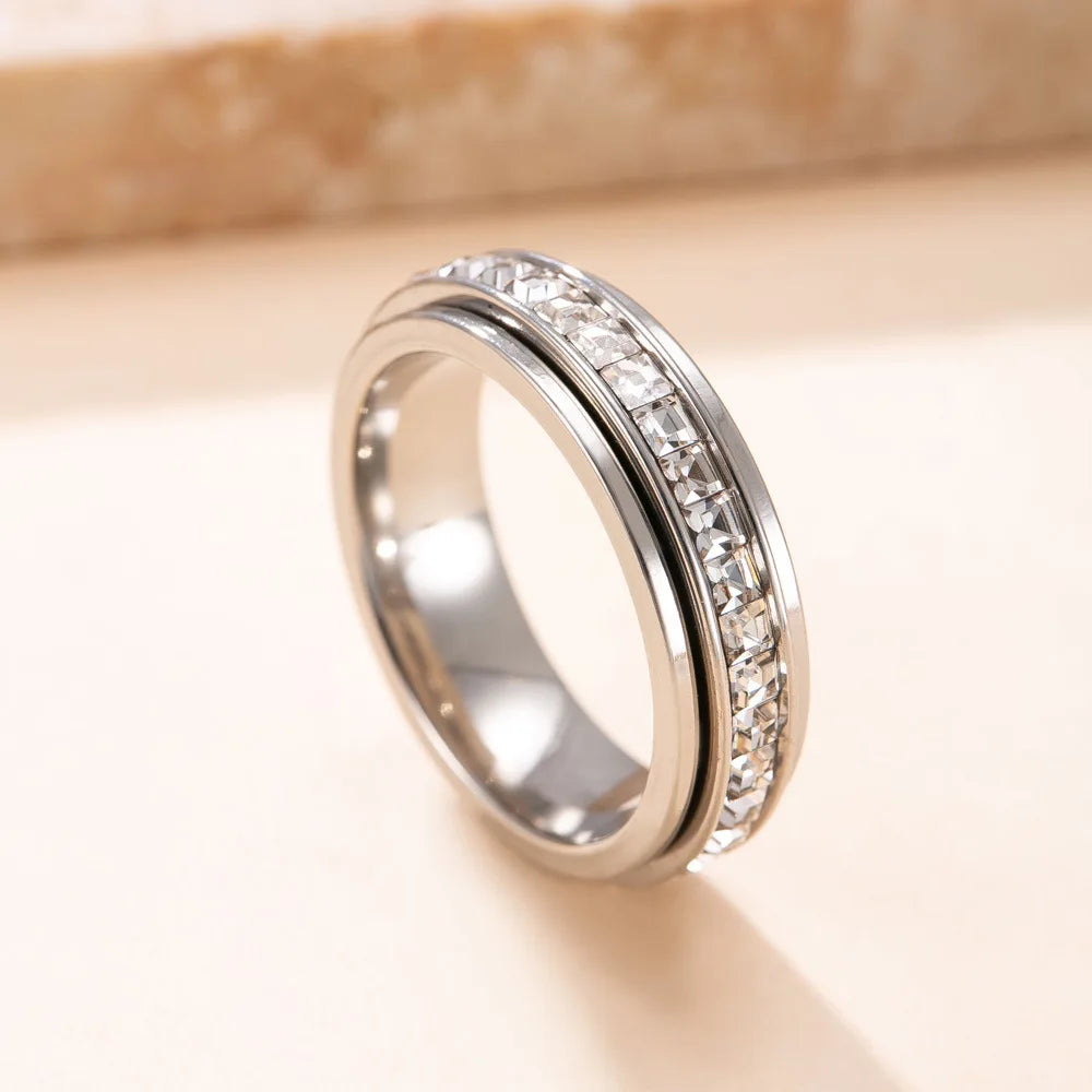 Women's Anxiety Ring Titanium Steel Spinner Fidget Ring with Cubic Zirconia for Anxiety Relief, Wedding Promise Lucky Ring, Titanium Steel Spinner, Cubic Zirconia Eternity Band for Women and Men, Fidget Ring, Size 5-10 Rotata