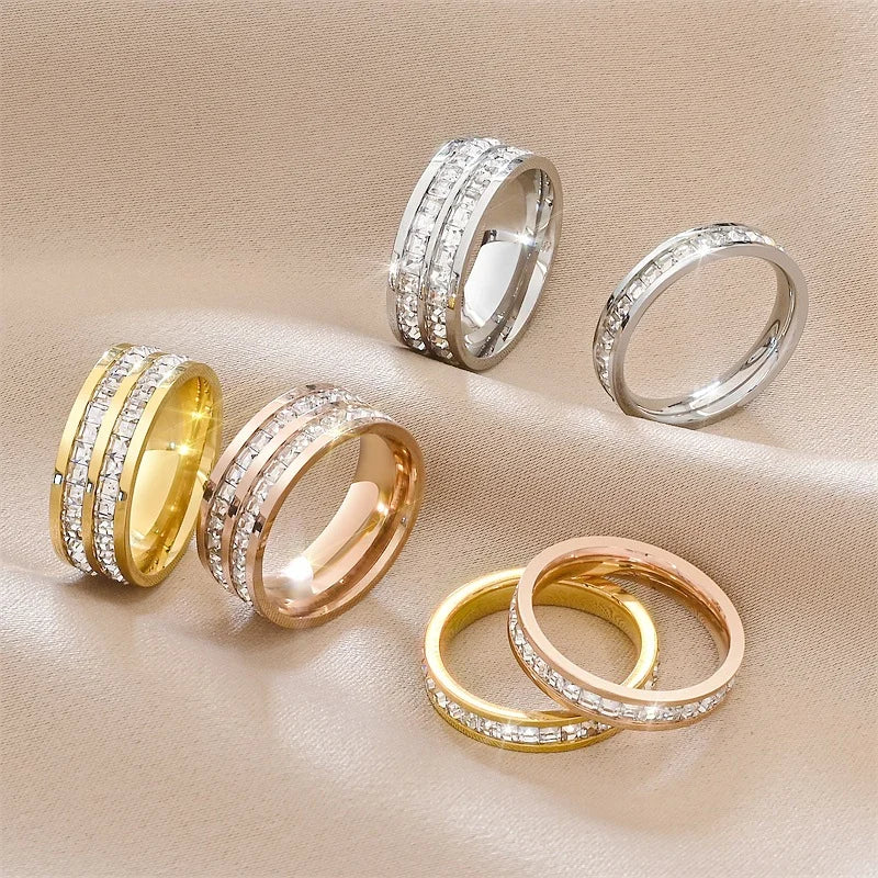Titanium Steel Zircon Ring for 18K Gold Plated Double/Single Row Crystal Ring Waterproof Tarnish Free Wedding Couple Jewelry