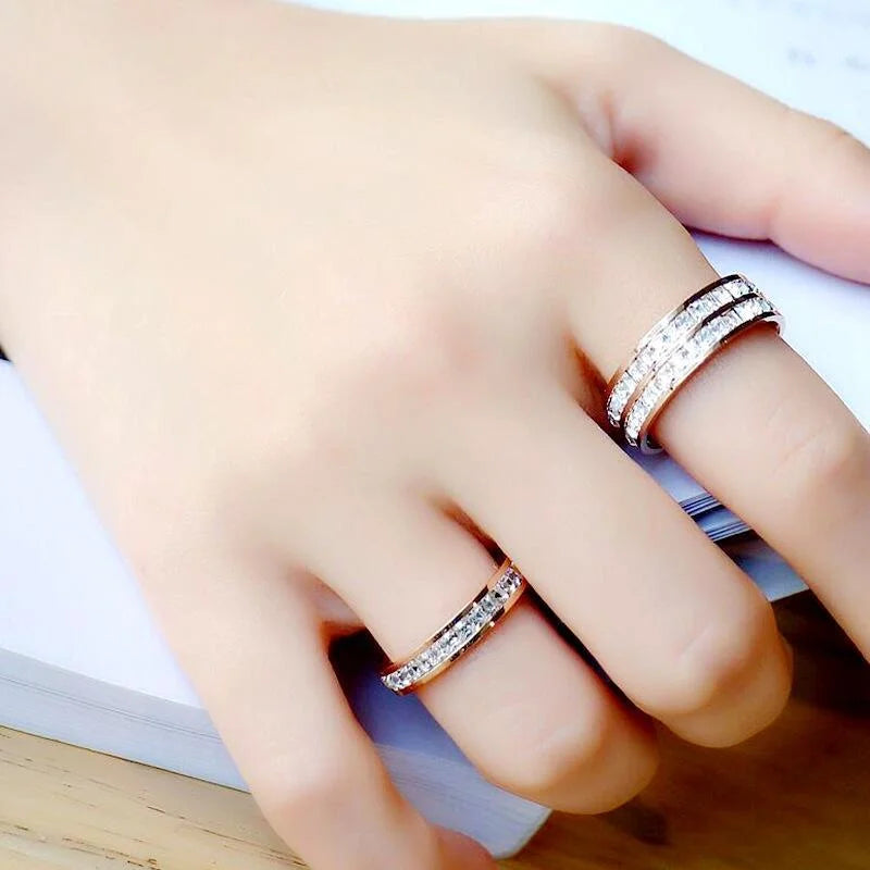 Titanium Steel Zircon Ring for 18K Gold Plated Double/Single Row Crystal Ring Waterproof Tarnish Free Wedding Couple Jewelry