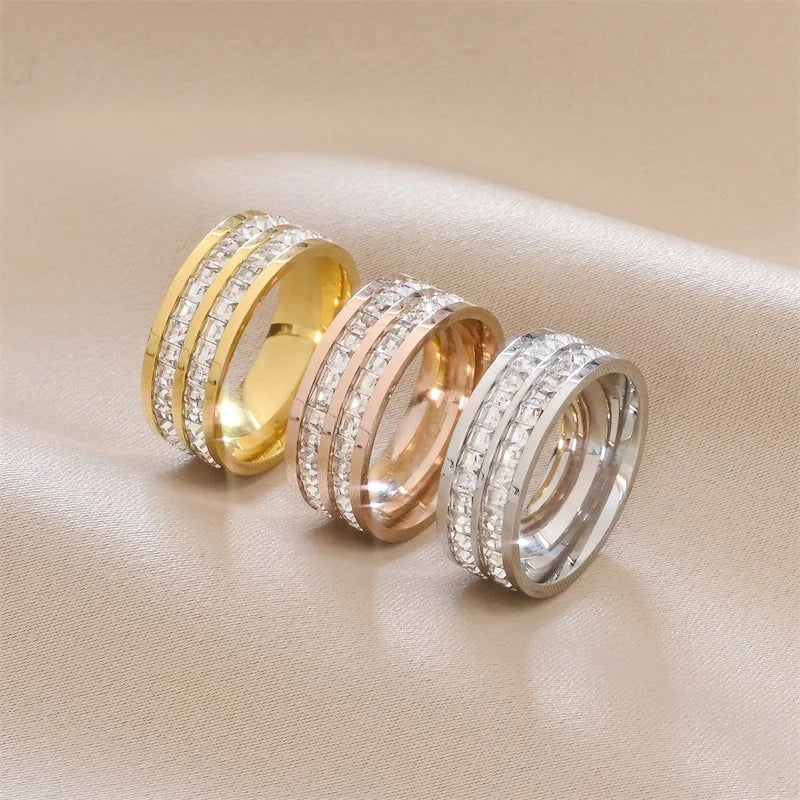 Titanium Steel Zircon Ring for 18K Gold Plated Double/Single Row Crystal Ring Waterproof Tarnish Free Wedding Couple Jewelry