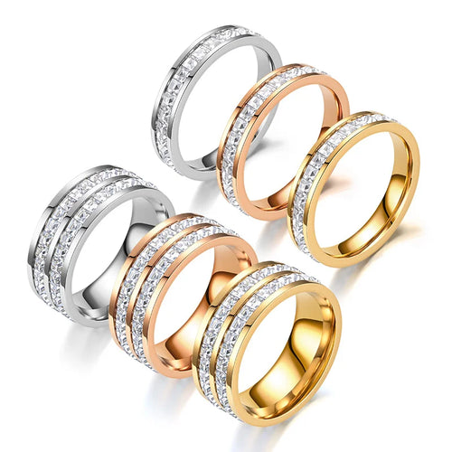 Titanium Steel Zircon Ring for 18K Gold Plated Double/Single Row Crystal Ring Waterproof Tarnish Free Wedding Couple Jewelry
