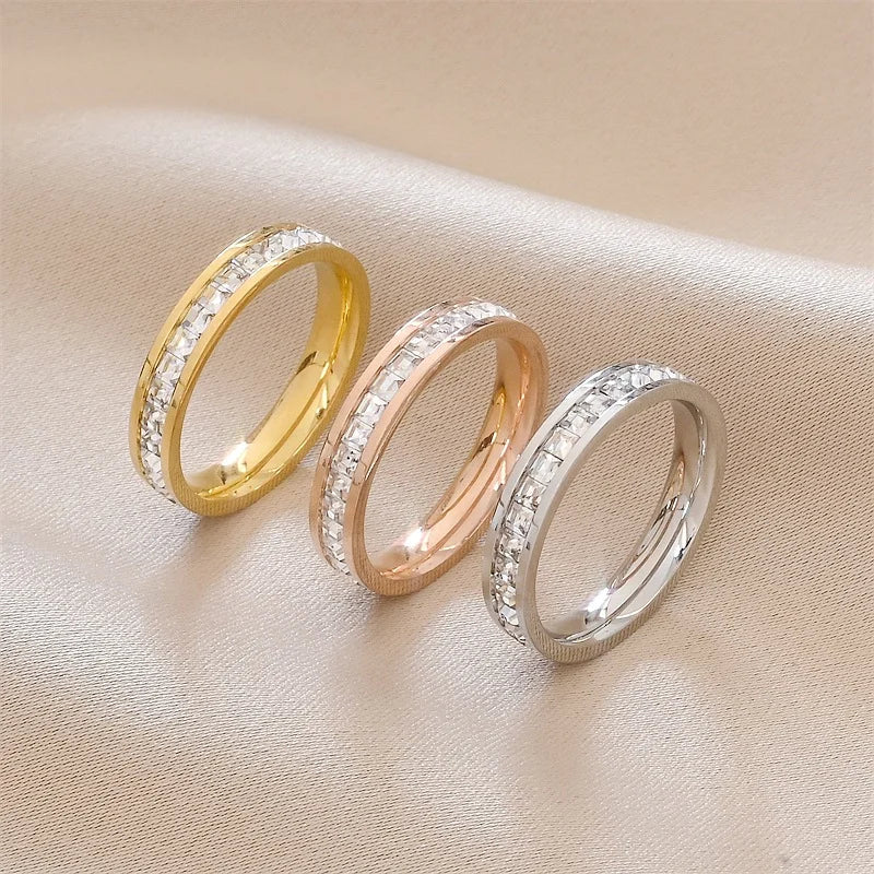 Titanium Steel Zircon Ring for 18K Gold Plated Double/Single Row Crystal Ring Waterproof Tarnish Free Wedding Couple Jewelry
