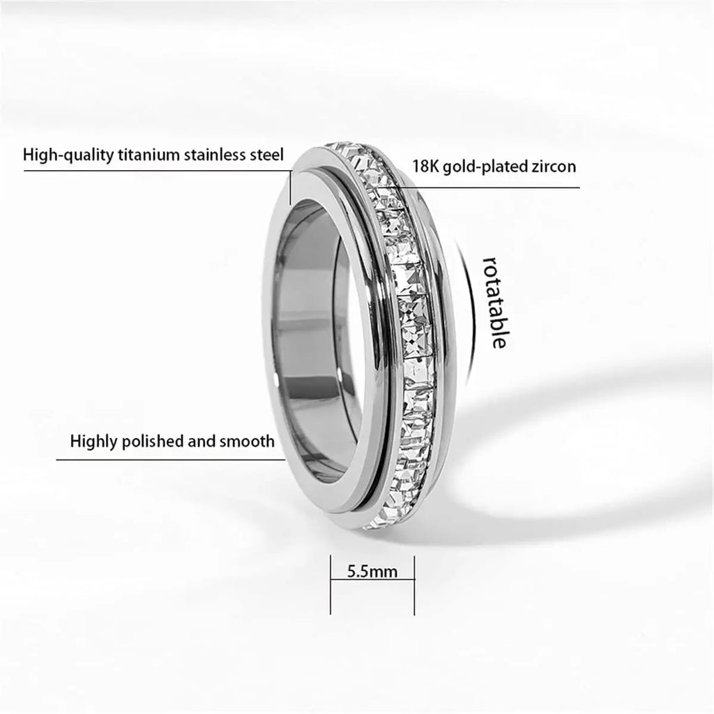 Women's Anxiety Ring Titanium Steel Spinner Fidget Ring with Cubic Zirconia for Anxiety Relief, Wedding Promise Lucky Ring, Titanium Steel Spinner, Cubic Zirconia Eternity Band for Women and Men, Fidget Ring, Size 5-10 Rotata