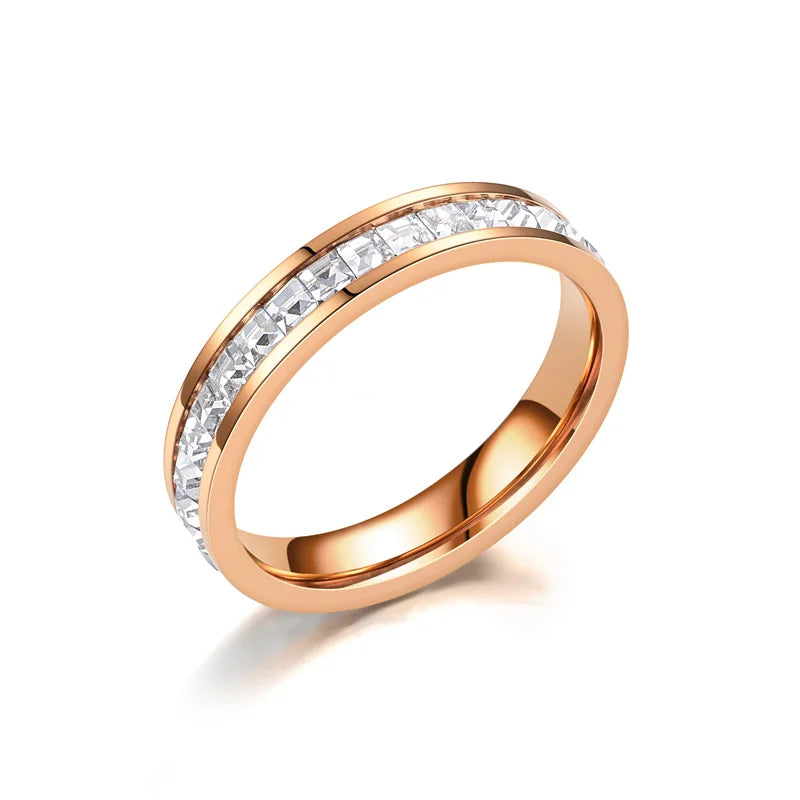 Titanium Steel Zircon Ring for 18K Gold Plated Double/Single Row Crystal Ring Waterproof Tarnish Free Wedding Couple Jewelry
