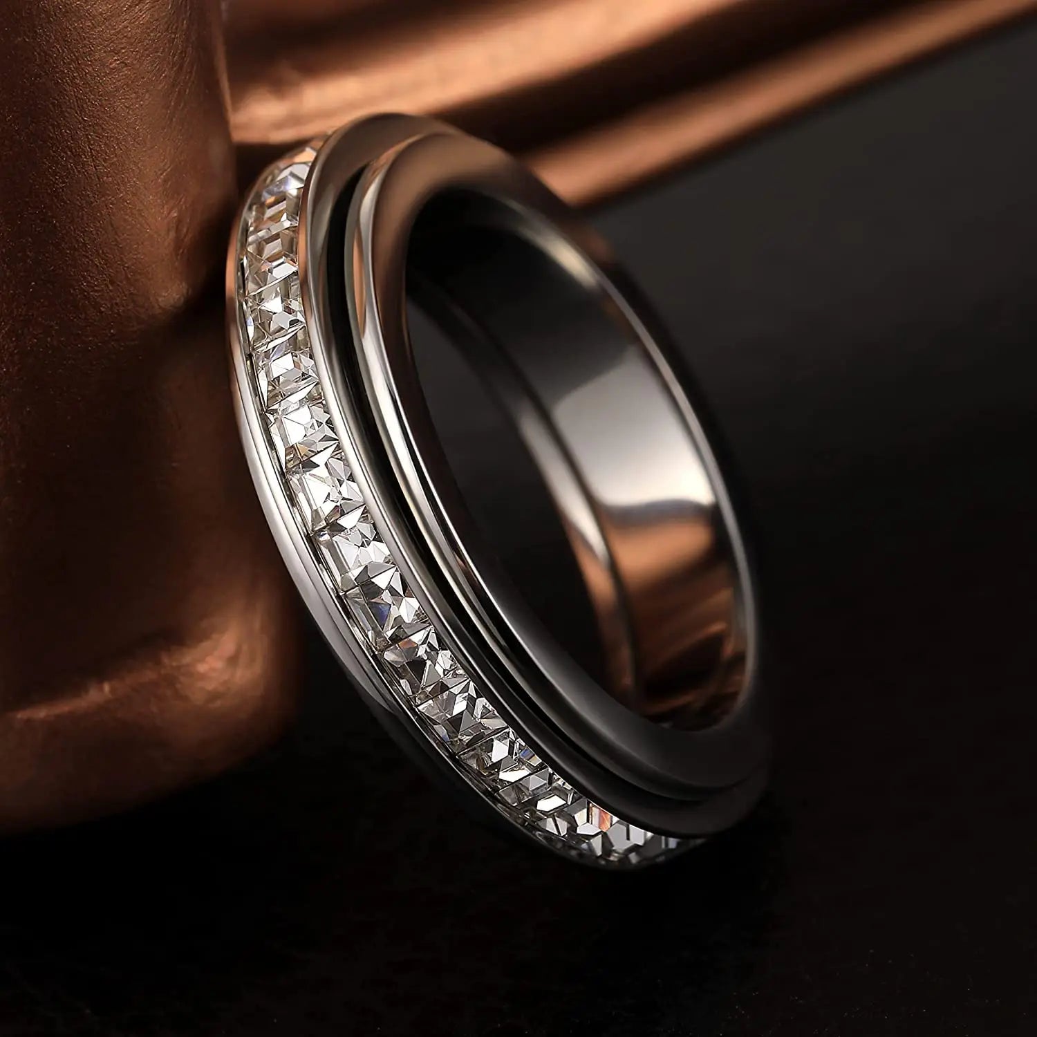 Women's Anxiety Ring Titanium Steel Spinner Fidget Ring with Cubic Zirconia for Anxiety Relief, Wedding Promise Lucky Ring, Titanium Steel Spinner, Cubic Zirconia Eternity Band for Women and Men, Fidget Ring, Size 5-10 Rotata