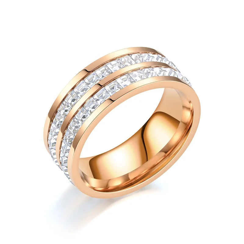 Titanium Steel Zircon Ring for 18K Gold Plated Double/Single Row Crystal Ring Waterproof Tarnish Free Wedding Couple Jewelry